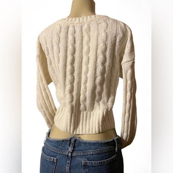Poof Apparel Cream V-Neck Cable Knit Sweater - Picture 2 of 6